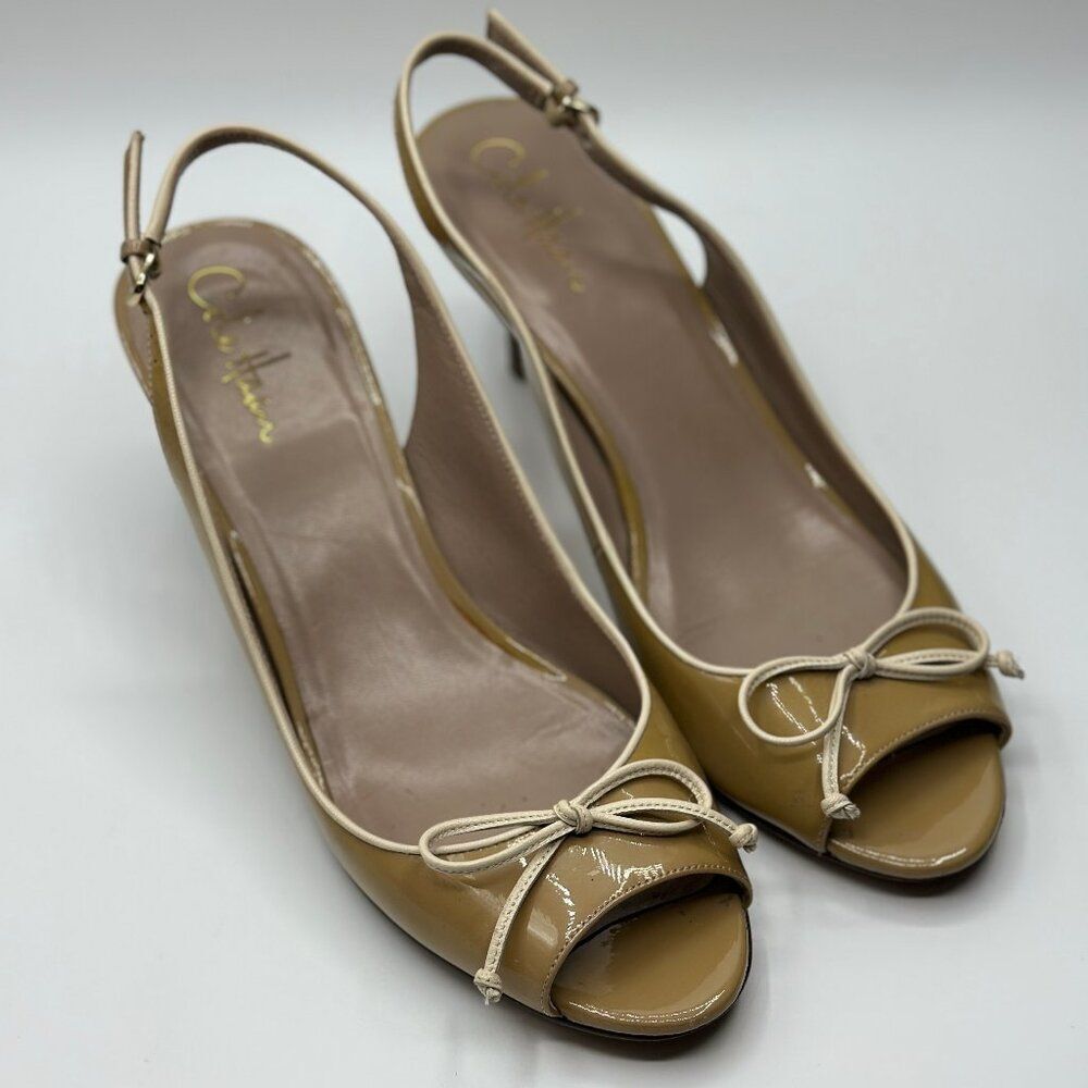 Cole Haan Nike Air Talia Slingback Pumps Patent Tan Bow Tie Peep Toe Size 9.5